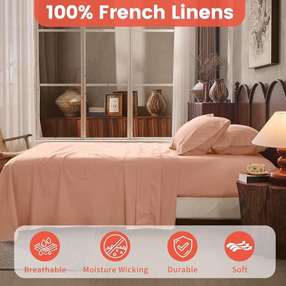 100% Linen Sheets Queen Size,Breathable & Durable 4-Piece Bed Flax Sheet Set,Soft All-Season Bedding for Hot Sleepers 16" Deep Pocket Oeko-TEX Certified,（Queen, Light Red）