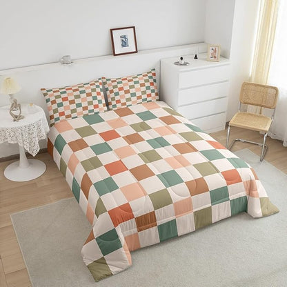 Feelyou Multicolored Checkered Retro Bedding Set Kids Boys Girls Geometric Vintage Comforter Set Queen Size Ivory White Colorful Duvet Insert Modern Simple Groovy Aesthetic Room Decor