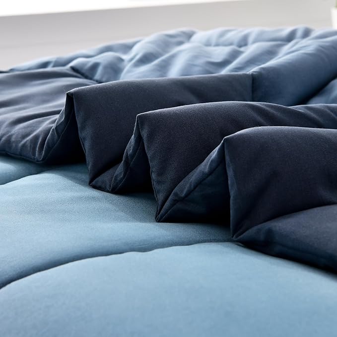 Anibedding Gradient Blue Twin Comforter Set - 6 Pieces Ombre Navy Blue White Microfiber Bed in a Bag - All Season Down Alternative Light Ocean Sea Blue Abstract Bedding Set for Teen Boys Girls Women