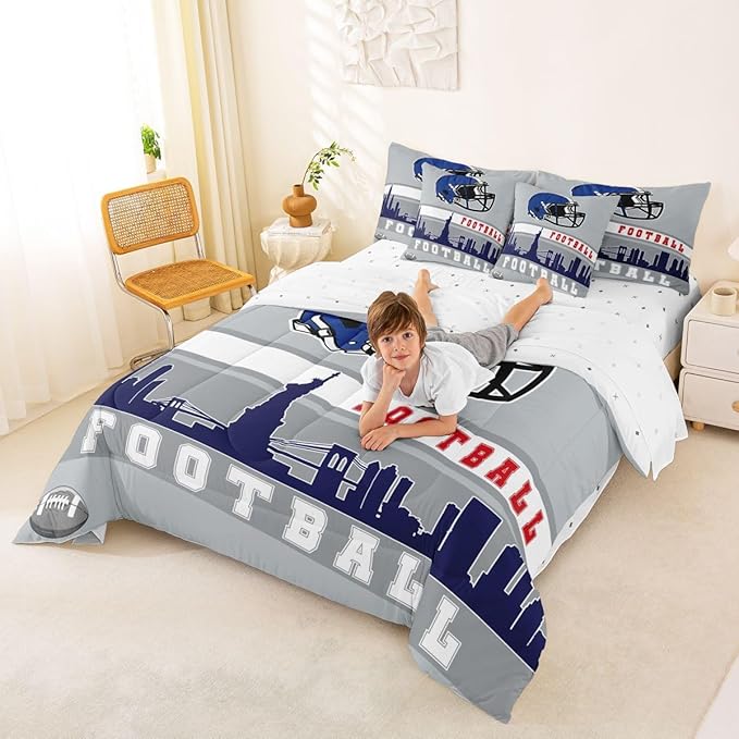 Erosebridal Football 7 Pcs Comforter Set King Football Fans Bedding for Kids Football City Sheet Set Bed in A Bag Grey Blue Rugby Competition Room Decor Sports Ball Game Quilt