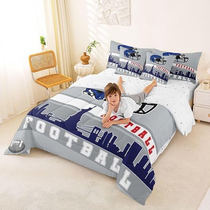 Erosebridal Football 7 Pcs Comforter Set King Football Fans Bedding for Kids Football City Sheet Set Bed in A Bag Grey Blue Rugby Competition Room Decor Sports Ball Game Quilt