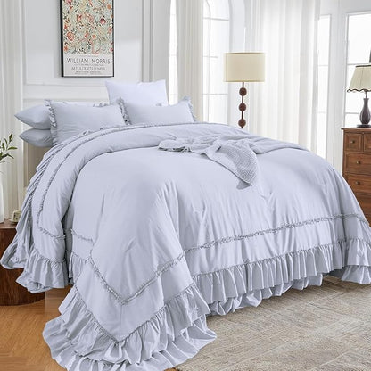 Sanracie Oversized King Comforter Sets 128" x 120", 3 Pieces Cornflower Blue Cotton Vintage Ruffle Bedding Comforter Set Lightweight Breathable Farmhouse Aesthetic Bedding Set