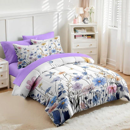 Nesker 7 Pcs Spring Comforter Set Full Size, Blue Floral Bird Bedding Set for Kids and Adults, Purple Flower Butterfly Bed Sheet Sets with Fitted Sheet 2 Pillowcases & 2 Shams