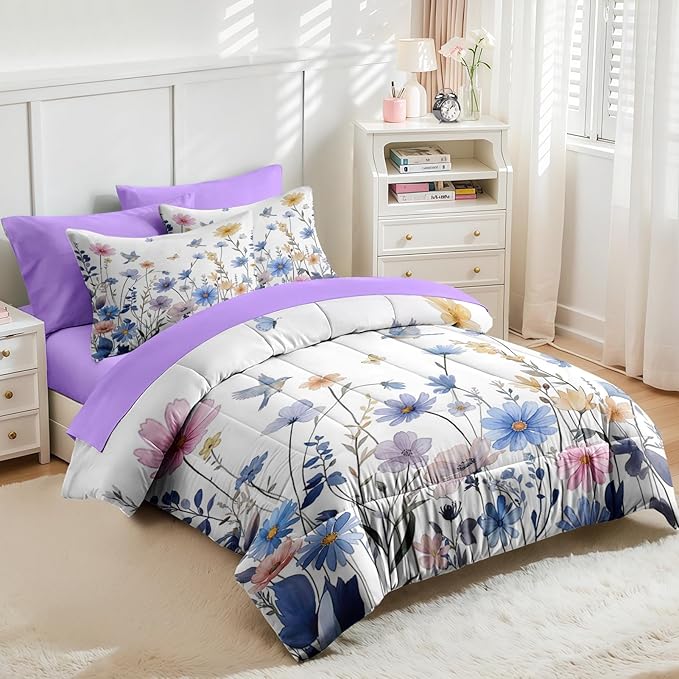Nesker 7 Pcs Spring Comforter Set King Size, Blue Floral Bird Bedding Set for Kids and Adults, Purple Flower Butterfly Bed Sheet Sets with Fitted Sheet 2 Pillowcases & 2 Shams