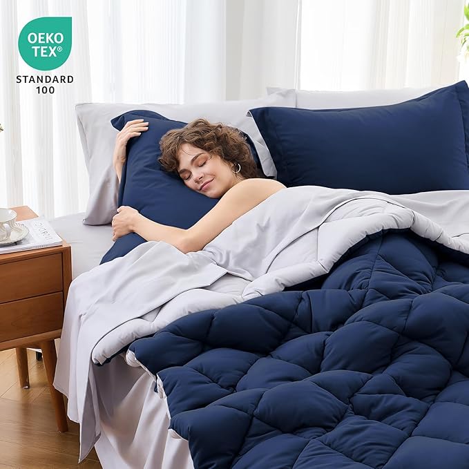 MUXHOMO 5 Pieces Twin XL Comforter Set, Reversible Bed in a Bag Twin XL Size, All Season Bedding Set with Comforter, Flat Sheet, Fitted Sheet, Pillowcases & Shams, Navy & Light Grey