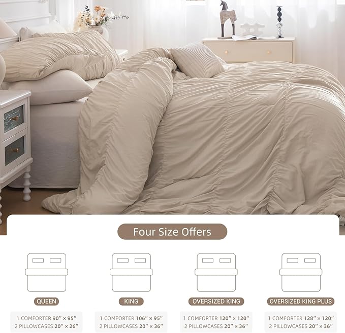 Lady Ann Oversized King Bed Comforter Set- Wheat Ruched Boho 128 x 120 Comforter Set for Bedroom, 3 Piece Fluffy Bedroom Set with Pillow Shams Soft All Season Bed Sets