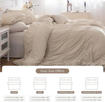 Lady Ann King Bed Comforter Set - Wheat Ruched Boho 106"*95" Bedding Comforter Set for Bedroom, 3 Piece Fluffy Bedroom Set with Pillow Shams Ultra Soft and Luxurious All Season Bed Sets