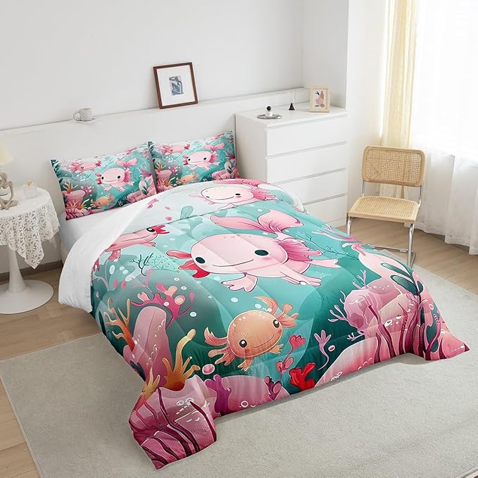 Kids Cute Axolotl Kids Comforter Set King Size,Pink Kawaii Animal Ocean Sealife Quilted Duvet with 2 Pillowcases Cartoon Lovely Coral Undersea Down Comforter for Boys Teens Bedroom