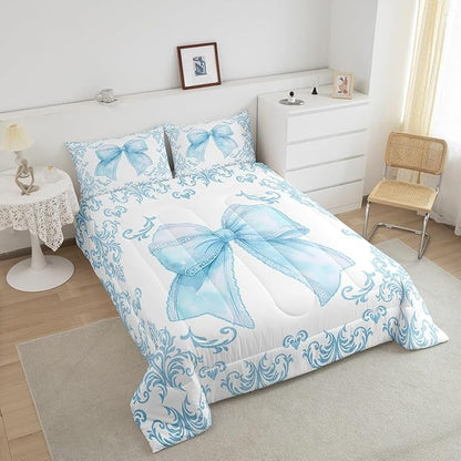 jejeloiu Girls Pretty Ribbon Blue Bow Bedding Set Full Size Blue Damask Comforter Set for Kids Women Cute Bow Duvet Set Princess Quilt Set 3Pcs