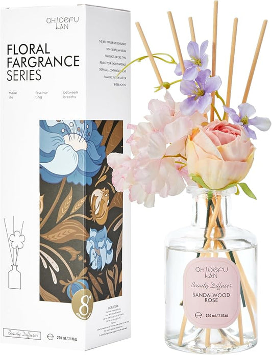 Chloefu Lan Premium Reéd Diffuser Set with Pink & Purple Flowers Reéd Diffuser Sticks Sandalwood Rose | 6.7oz Scent Fragrance Oil Diffuser for Bedroom Bathroom Home Shelf Décor
