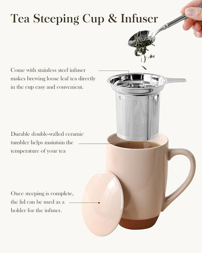 MALACASA Ceramic Tea Mug with Lid and Stainless Steel Infuser, 18 oz Large Tea Cup for Loose Leaf Tea, Heat-Resistant, Microwave & Dishwasher Safe, Speckled Glaze Coffee & Tea Brewer Mug, Khaki Pink
