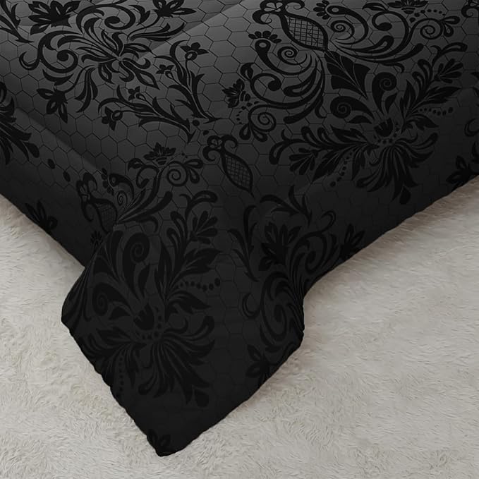 Black Gothic Floral Print Comforter Set Twin Size,Vintage Damask Floral Bedding Set,Bohemian Exotic Printed Quilted Set for Teens Adult,with 1 Comforter and 2 Pillow Case