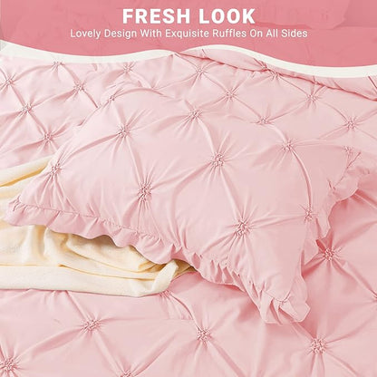 JOLLYVOGUE King Size Comforter Set 7 Pieces, Pink Bed in a Bag Comforter Set for Bedroom, Beddding Sets with Comforter, Sheets,Ruffled Shams & Pillowcases