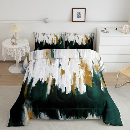 Erosebridal Emerald Green Bedding Set Queen Watercolor Graffiti Comforter Set, Striped Oil Painting Bedding Comforter Sets Aesthetic Modern Duvet Insert, Ombre Brush Marks Contemporary Down Comforter