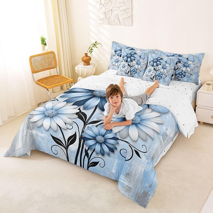 Feelyou Blue Floral Comforter Set With Sheets 7 Piece Full Size Daisy Blossom Flowers Pattern Bedding Set for Kids Boys Girls Abstract Geometric Art Bed in a Bag Room Decor Soft Lightweight Microfiber