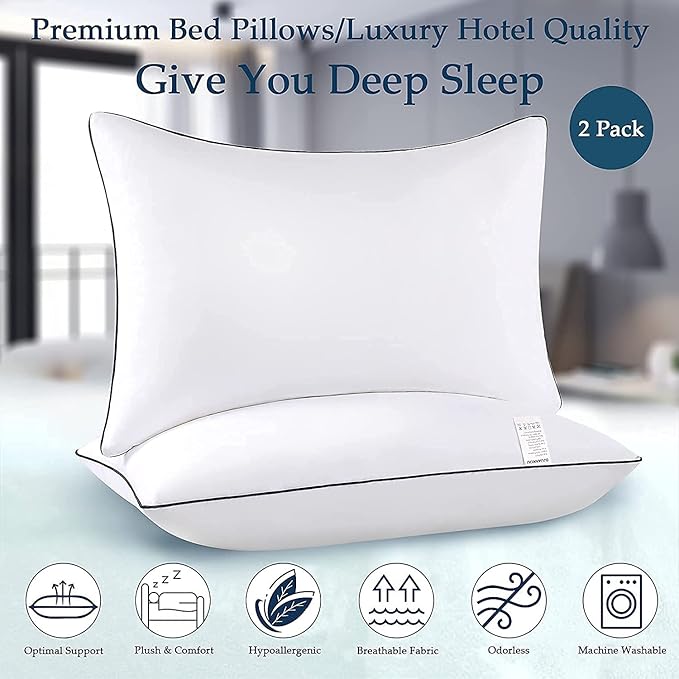 Bed Pillows 2 Pack - Standard Size Cooling Pillows for Sleeping Size Set of 2 for Side Back and Stomach Sleepers, Down Alternative Filling Luxury Pillows (White, Standard)