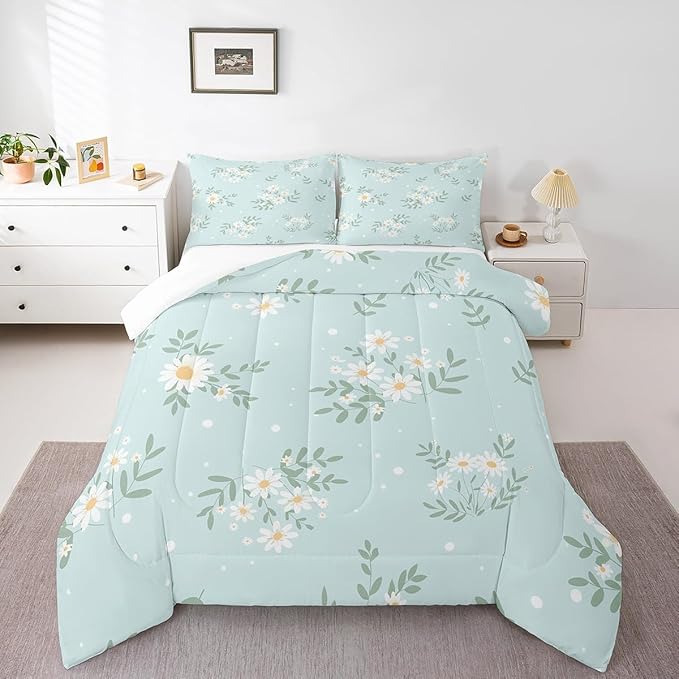 Manfei White Daisy Comforter Set King Size, Green Leaves Quilt Set with 2 Pillowcases, Botanical Garden Artwork Bedding Set 3pcs for Kids Boys Girls Bedroom Decor Lightweight Duvet Insert