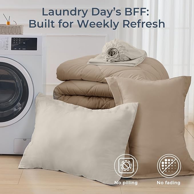 HEVUMYI Khaki & Linen Twin Comforter Set - 5-Piece All Season Bed in a Bag Twin, Ultra Soft Bedding Set with Comforter, Flat Sheet, Fitted Sheet, Pillowcases, Pillow Shams