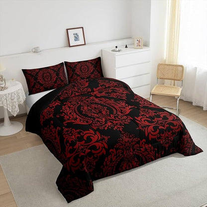 Feelyou Adults Red Vintage Damask Floral Comforter Set Oriental Antique Comforter King Size Gothic Bohemia Boho Flower Bedding Set Bohemian Exotic Duvet Set Quilt Set 3Pcs