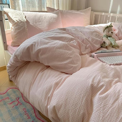 mixinni Light Pink Gingham Comforter Set Full - 3 Piece Soft Washed Microfiber Plaid Bedding Set with Lace Trim, All Seasons Fluffy Comforter & Pillowcases, Farmhouse French Country Aesthetic