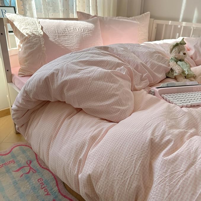 mixinni Light Pink Gingham Comforter Set Twin XL - 3 Piece Soft Washed Microfiber Plaid Bedding Set with Lace Trim, All Seasons Fluffy Comforter & Pillowcases, Farmhouse French Country Aesthetic