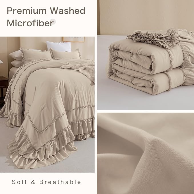 Masaca Oversized King Comforter 128x120,Farmhouse Shabby Boho Chic Ruffled Bedding Comforter Set,Extra Large King Size Ruffle Comforter Sets Vintage French Country Bedding Set Ultra Soft