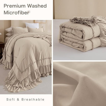 Masaca Oversized Comforter King Size 120x120,Farmhouse Shabby Boho Chic Ruffle California King Bed Comforter Set French Country Rustic Bedding 3PCS (1 Ruffled Comforter+2 Pillow Shams)