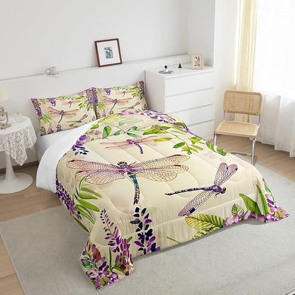 Erosebridal Spring Flowers Down Comforter Wisteria Dragonfly Bedding Set Twin Rustic Farmhouse Purple Floral Dragonflies Comforter Set for Women Girls Green Watercolor Botanical Leaf Quilt Duvet