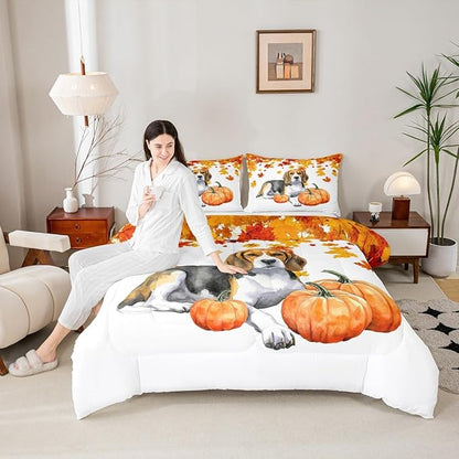 Fall Pumpkin Comforter Set Retro Watercolor Sausage Dog Quilted Duvet Queen Thanksgiving Harvest Seasonal Bedding Set For Kids Boys Girls,Happy Fall Maple Leaf Soft Lightweight Comforter Orange 3 Pcs