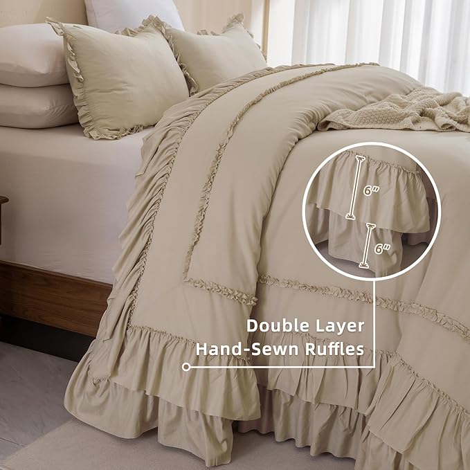 QSH Wheat Oversized California King Bed Comforter Set 128x120, Farmhouse Shabby Vintage Bedding Comforter with Ruffles French Country Comforter Soft Microfiber Fluffy Bedding 3 PCs