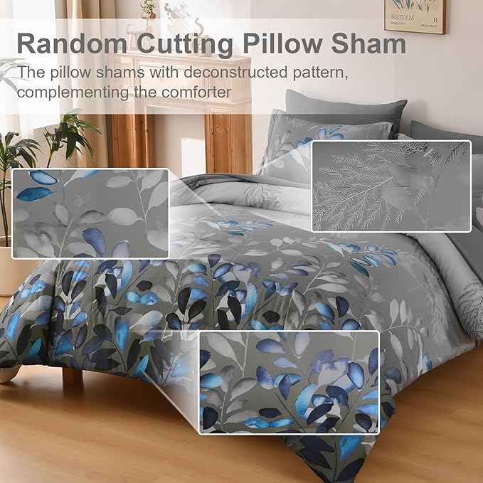 Anibedding Botanical Queen Comforter Set, 7 Piece Grey Blue Leaves Ultra Soft Microfiber Down Alternative Bedding Set with Sheets and Pillowcase for All Season