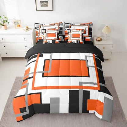 Erosebridal 7Pcs Orange White Full Size Comforter Set,Modern Abstract Square Geometric Bed in A Bag,Boho Graffiti Striped Quilt,Minimalist Art Contemporary Bedding with Bed Sheets