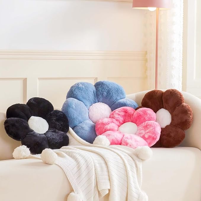 Brown Flower Pillow Cute Decorative Flower Throw Pillow with Faux Rabbit Fur 19.6" Soft Daisy Plush Floor Cushion Aesthetic Room Decor for Bed Sofa Couch
