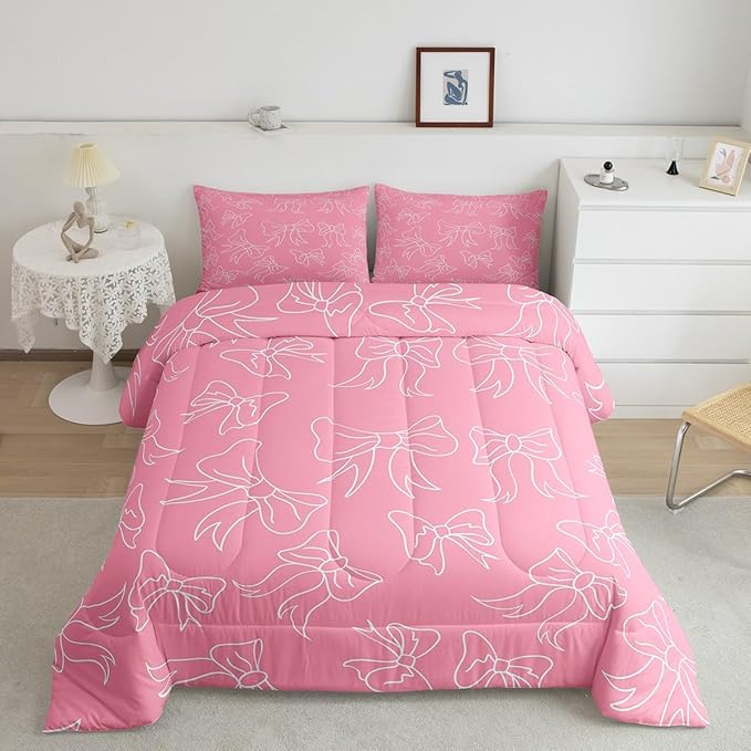 Feelyou Cute Bowknot Bedding Set Boys Girls Queen Size Pink Girls Bow Comforter Set Ultra Soft Bow and Stripes Comforter Kawaii Duvet Set