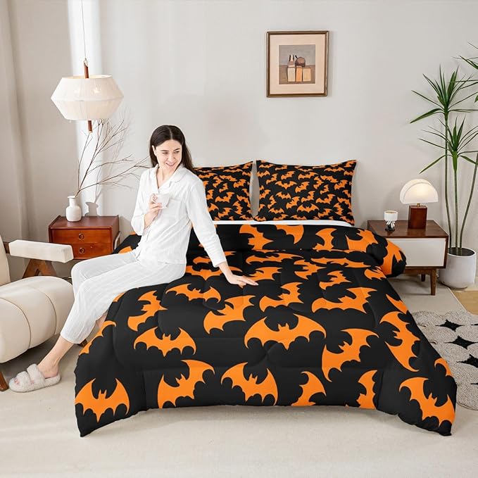 Erosebridal Orange Bat Toddler Comforter Halloween Bat Bedding Set Spooky Goth Gothic Animal Duvet Insert Horror Halloween Bed Sets for Kids Teens Adults