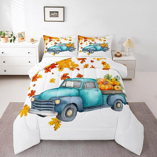 Pumpkin Truck Bedding Set Fall Thanksgiving Harvest Seasonal Comforter Set Twin Autumn Maple Leaf Bed Comforter Set Farmhouse Home Room Decor Watercolor Quilt Duvet Orange White 1 Pillow Case