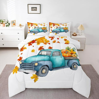 Pumpkin Truck Bedding Set Fall Thanksgiving Harvest Seasonal Comforter Set Queen Autumn Maple Leaf Bed Comforter Set Farmhouse Home Room Decor Watercolor Quilt Duvet Orange White 2 Pillow Cases