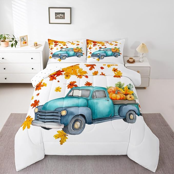 Pumpkin Truck Bedding Set Fall Thanksgiving Harvest Seasonal Comforter Set King Autumn Maple Leaf Bed Comforter Set Farmhouse Home Room Decor Watercolor Quilt Duvet Orange White 2 Pillow Cases