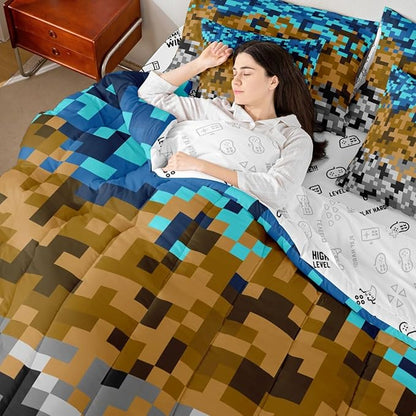 Pixelated Miners Gaming 7pcs Comforter Set King Size,Blue Brown Grey Bedding Set Kids Boys Teens Room Decor,Construct Theme Games Flat + Fitted Sheet Geometric Block 2 Cushion Cover,2 Pillowcase