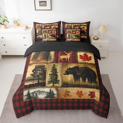 Erosebridal Bear Cabin Plaid 7 Piece Comforter Set Full,Rustic Farmhouse Bed in a Bag,Retro Hunting Deer Bedding,Country Woodland Pine Tree Quilt Set,Maple Leaf Lodge Fitted Sheet,Red Black Brown