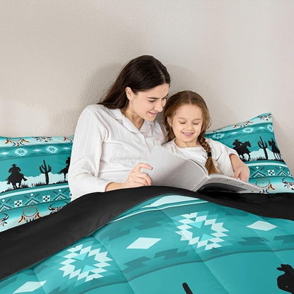 Erosebridal Twin Size Western Comforter Set Longhorn Skull Dream Catcher Boho Bedding Set for Kids Boys Teens Adult Bedroom, Cowboy Horse Western Quilt Southwestern Geometric Duvet Insert, Teal