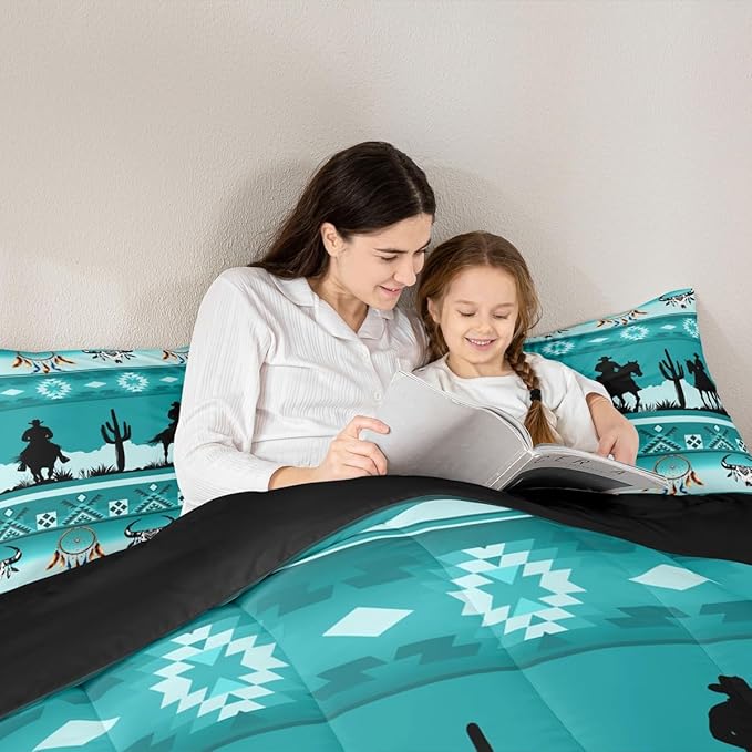 Erosebridal King Size Western Comforter Set Longhorn Skull Dream Catcher Boho Bedding Set for Kids Boys Teens Adult Bedroom, Cowboy Horse Western Quilt Southwestern Geometric Duvet Insert, Teal