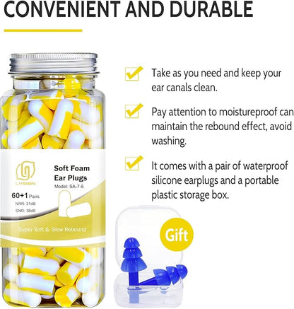 LYSIAN Foam Earplugs - 60 Pairs, 38dB Ear Plugs for Sleeping Noise Cancelling, Mowing, Shooting,Double Color Yellow/White
