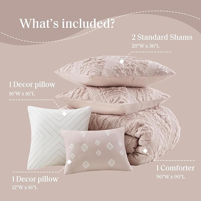 Madison Park Shabby Chic Comforter Set 5-Piece Queen Size, Puffy Seersucker Textured Grid Pattern Boho Bedding, Dusty Pink Plaid Comforter with 2 Shams & 2 Decorative Pillows