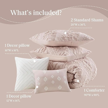 Madison Park Shabby Chic Comforter Set 5-Piece Queen Size, Puffy Seersucker Textured Grid Pattern Boho Bedding, Dusty Pink Plaid Comforter with 2 Shams & 2 Decorative Pillows