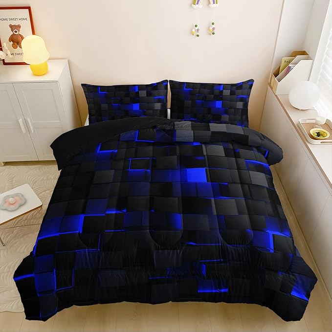 Neon Blue Black Comforter Set Full Geometric Kids Bedding Set,3 PCS Geometry Honeycomb Bed Set Modern Quilt Set 1 Comforter 2 Pillow Cases Cool Room Decor All Season B-Side Black