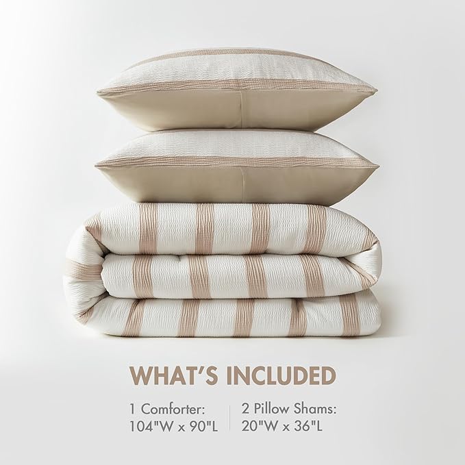 Madison Park Essentials Striped Comforter Set King/Cal King Size, Yarn-Dyed Reversible Comforter with Minimalist Stripes, Crinkled Texture Bedding Set for All-Season Lightweight Warmth, Merritt Taupe