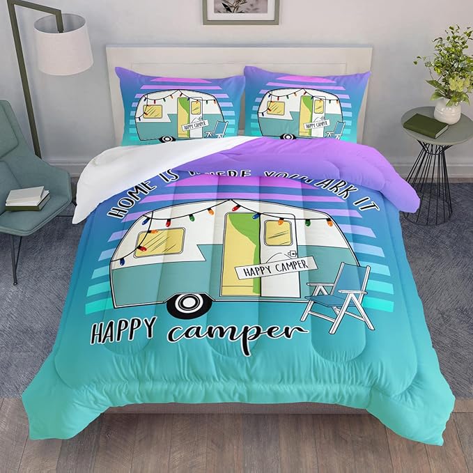 HOSIMA Happy Camping Decor Comforter Set,Cartoon Camper Bedding Queen Size for Kids Teen Girls Boys Room Decor,Camper Accessories for Travel Trailers Themed Bedding with 2 Pillowcases.