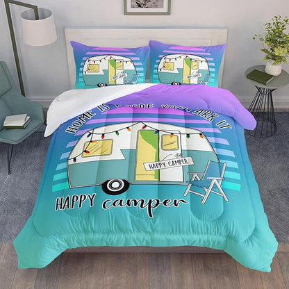 HOSIMA Happy Camping Decor Comforter Set,Cartoon Camper Bedding Queen Size for Kids Teen Girls Boys Room Decor,Camper Accessories for Travel Trailers Themed Bedding with 2 Pillowcases.