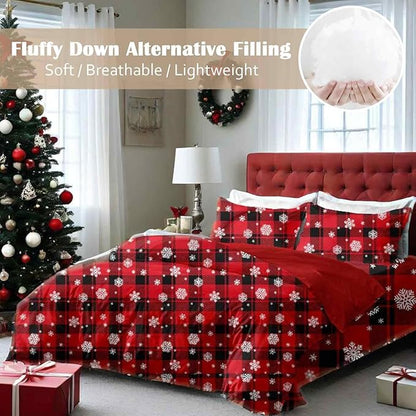 Nanko Merry Christmas Queen Size Comforter Set, Red and Black Grid Plaid Buffalo Check White Snowflake Pattern Reversible Down Alternative New Year Modern Bed Bedding Set for Women Men 90x90